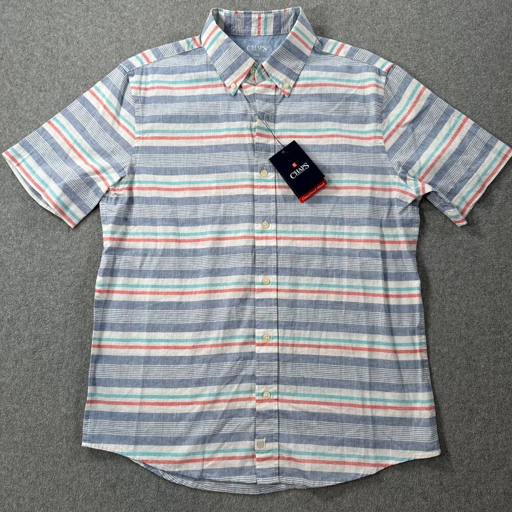 Chaps Coastland Wash Linen Blend Short Sleeve Button Down Shirt Men's Medium New